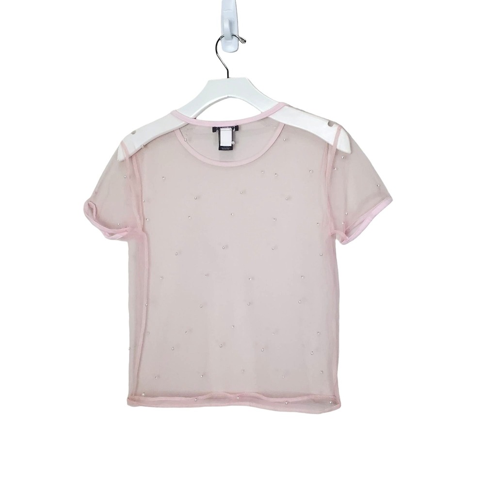 Hot Topic Womens Coquette Fairy Dainty Pearl Mesh Top S Pink Sheer Embellished - Picture 3 of 9